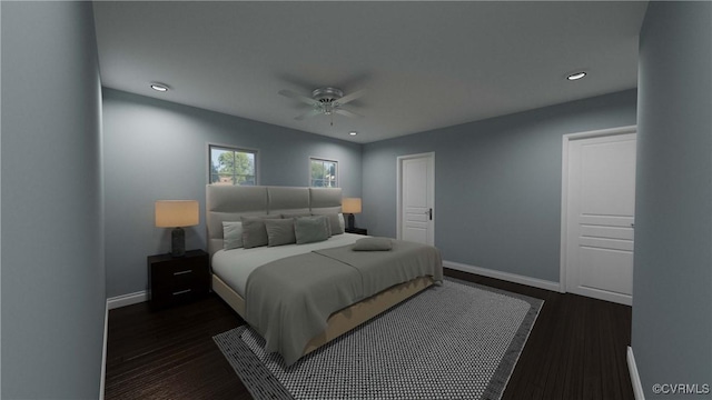 bedroom with a ceiling fan, baseboards, dark wood-style flooring, and recessed lighting