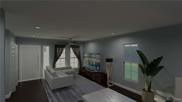 living room with recessed lighting, plenty of natural light, wood finished floors, and baseboards