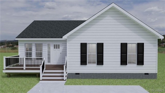 view of front of home with a shingled roof, crawl space, a front lawn, and a wooden deck