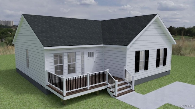 view of front facade with roof with shingles and a front yard