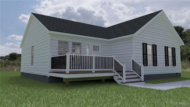 view of front facade with crawl space, a deck, a front lawn, and roof with shingles