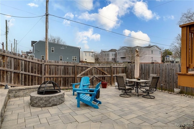 view of patio / terrace featuring an outdoor fire pit and a fenced backyard