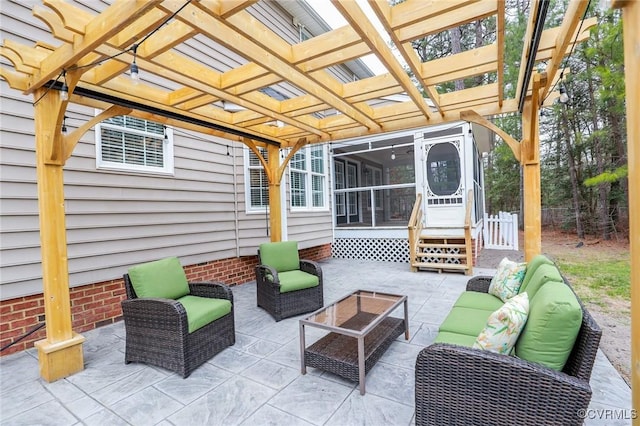 view of patio with a sunroom, an outdoor living space, and a pergola