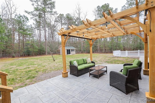 view of patio / terrace featuring a fenced backyard, an outdoor hangout area, a pergola, and an outbuilding