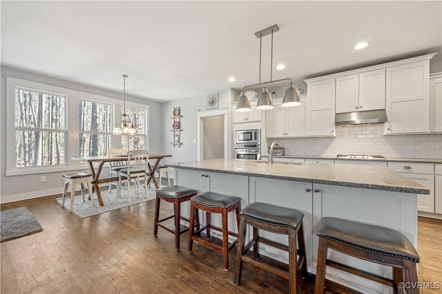 kitchen featuring dark wood finished floors, stainless steel appliances, backsplash, white cabinetry, and under cabinet range hood