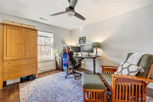 office space featuring ceiling fan, wood finished floors, visible vents, and baseboards