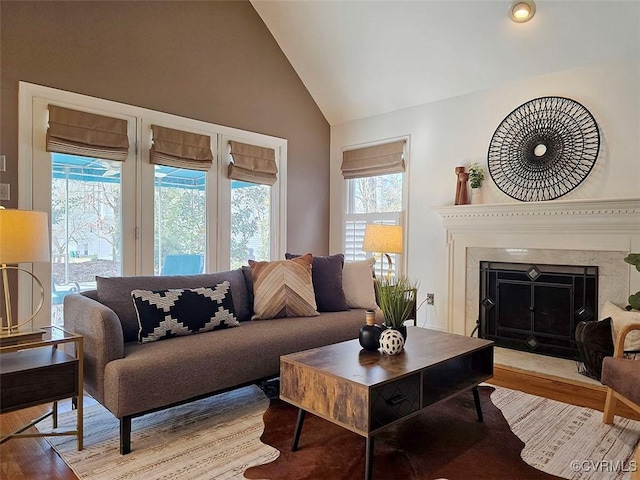 living area with high vaulted ceiling, a healthy amount of sunlight, a fireplace, and light wood-style flooring