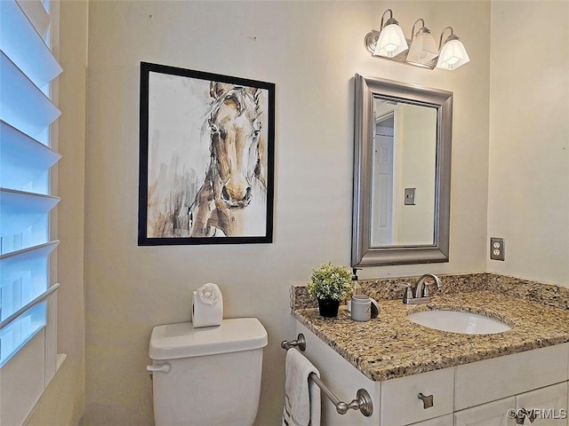 half bath featuring toilet, plenty of natural light, and vanity