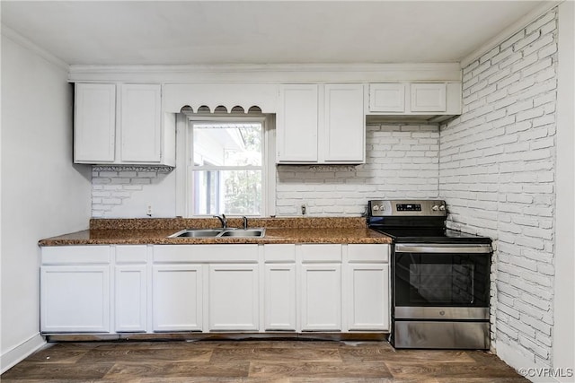 kitchen with dark countertops, dark wood-style flooring, a sink, and stainless steel electric stove