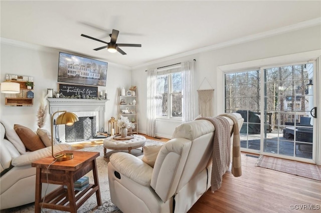 living area featuring baseboards, ceiling fan, ornamental molding, wood finished floors, and a fireplace