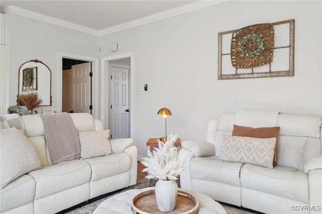 living room with ornamental molding