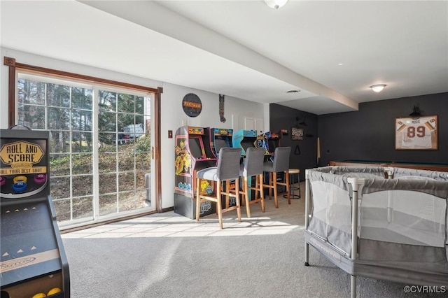 recreation room with carpet and a dry bar