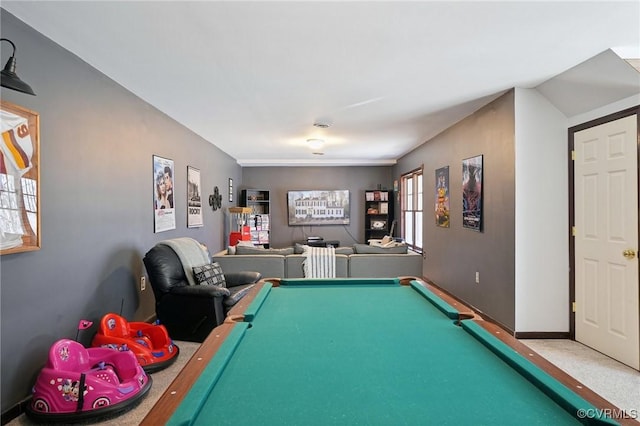 playroom with carpet flooring, pool table, and baseboards