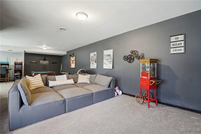 carpeted living room with pool table and baseboards