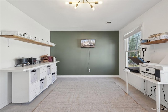 kitchen featuring visible vents, white cabinetry, baseboards, light countertops, and open shelves