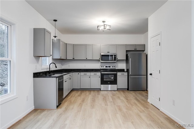 kitchen with a healthy amount of sunlight, stainless steel appliances, a sink, and gray cabinetry