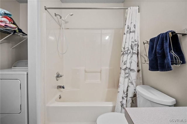 full bathroom with shower / bath combination with curtain, washer / dryer, toilet, and vanity