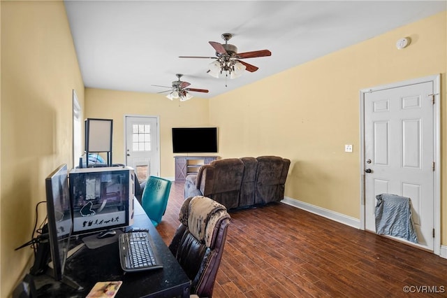 office featuring baseboards, wood finished floors, and a ceiling fan