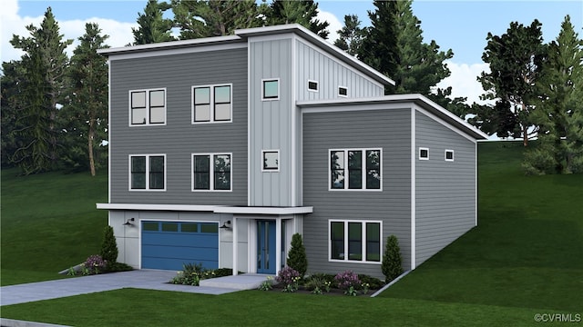 view of front of home with driveway, a front lawn, and board and batten siding