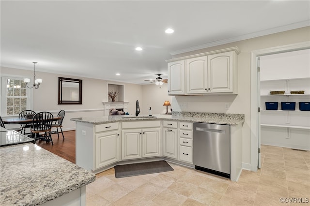 kitchen with dishwasher, light stone counters, a peninsula, crown molding, and a sink