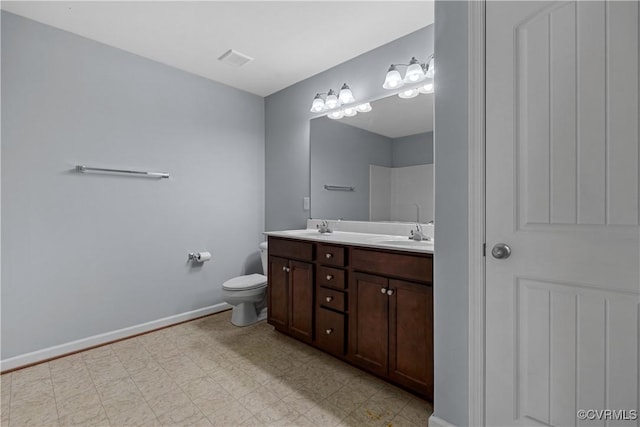 full bathroom with double vanity, visible vents, baseboards, toilet, and a sink