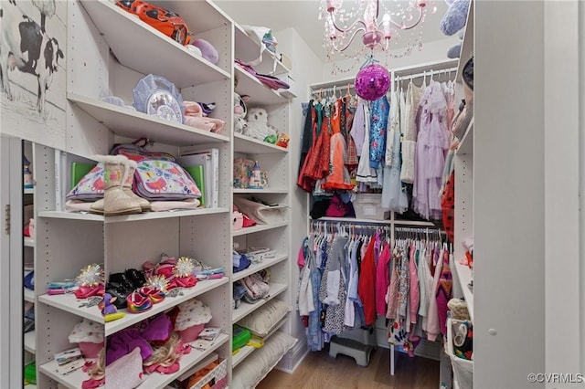 spacious closet featuring wood finished floors and an inviting chandelier