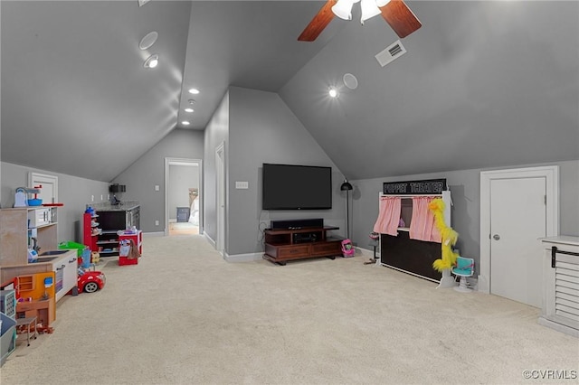 playroom featuring vaulted ceiling, carpet flooring, visible vents, and recessed lighting