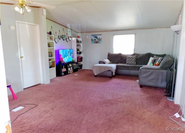 carpeted living area featuring vaulted ceiling