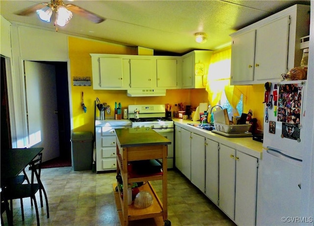 kitchen featuring white appliances, a wealth of natural light, vaulted ceiling, under cabinet range hood, and a sink