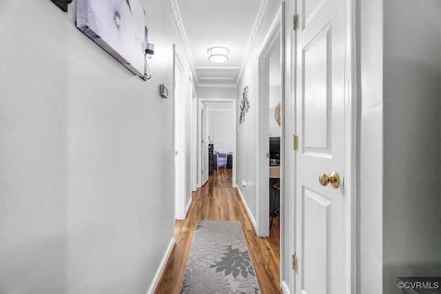 hallway with attic access, baseboards, crown molding, and light wood finished floors