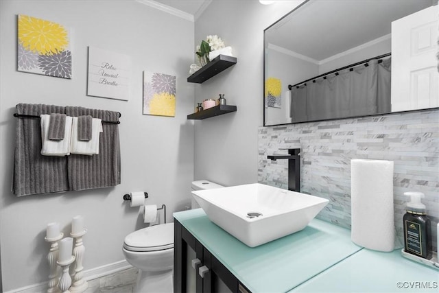 full bathroom with ornamental molding, vanity, toilet, and a shower with curtain