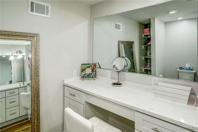 bathroom with visible vents, wood finished floors, and vanity