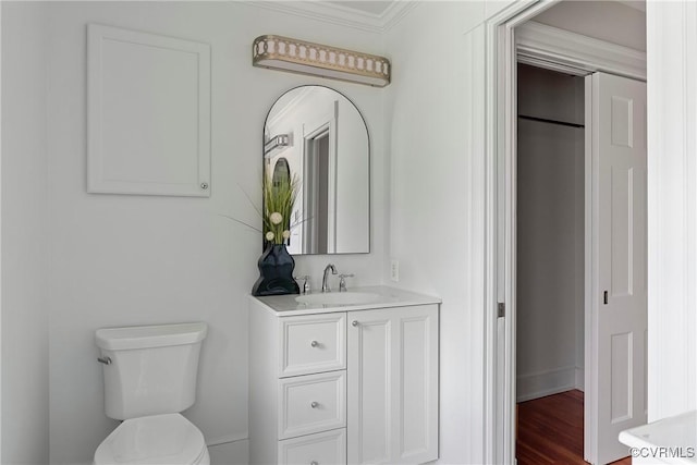 bathroom with vanity, toilet, and wood finished floors