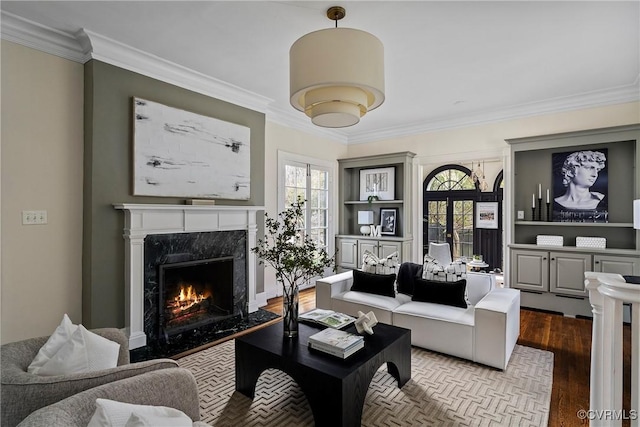 living area featuring crown molding, wood finished floors, and a premium fireplace