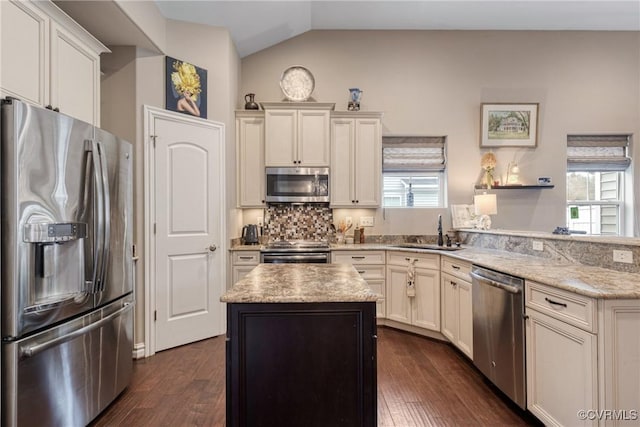 kitchen featuring dark wood finished floors, plenty of natural light, stainless steel appliances, and a sink