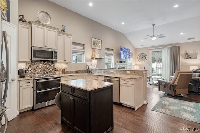 kitchen featuring a ceiling fan, open floor plan, stainless steel appliances, a peninsula, and vaulted ceiling