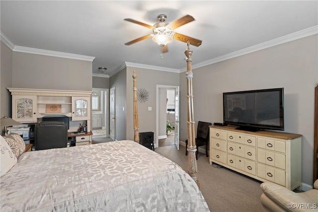 carpeted bedroom with ornamental molding, baseboards, and a ceiling fan