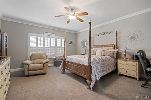 bedroom featuring a ceiling fan, baseboards, crown molding, and light colored carpet