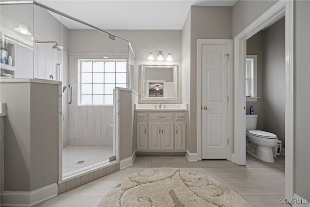 bathroom with toilet, a shower stall, and vanity