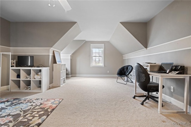 office with carpet, vaulted ceiling, and baseboards