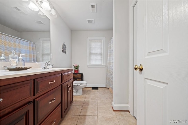 bathroom featuring toilet, vanity, visible vents, and tile patterned floors