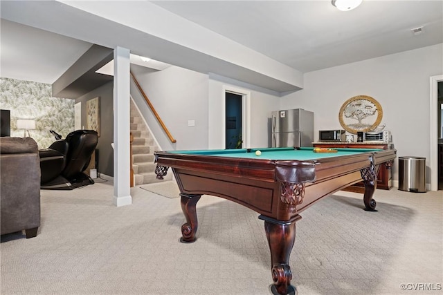 rec room featuring light carpet, billiards, and baseboards