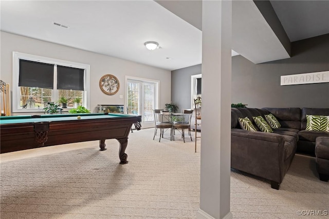 recreation room with light carpet, billiards, and visible vents