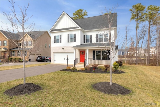 view of front of house featuring aphalt driveway, a porch, board and batten siding, a front yard, and a garage