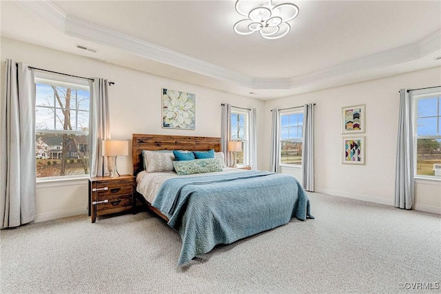 carpeted bedroom with a raised ceiling, multiple windows, and visible vents