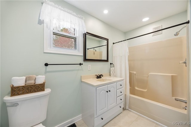 bathroom with recessed lighting, shower / bathtub combination with curtain, toilet, vanity, and tile patterned floors