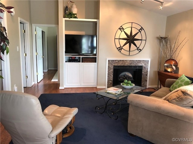 living room featuring a premium fireplace, baseboards, track lighting, and wood finished floors