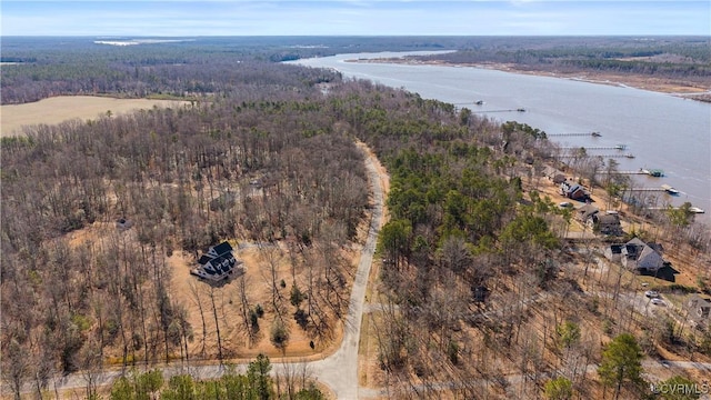 birds eye view of property featuring a water view and a forest view