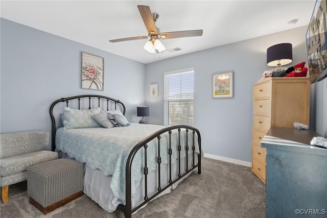 bedroom with baseboards, visible vents, ceiling fan, and carpet flooring