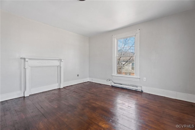 unfurnished living room with baseboard heating, hardwood / wood-style flooring, and baseboards